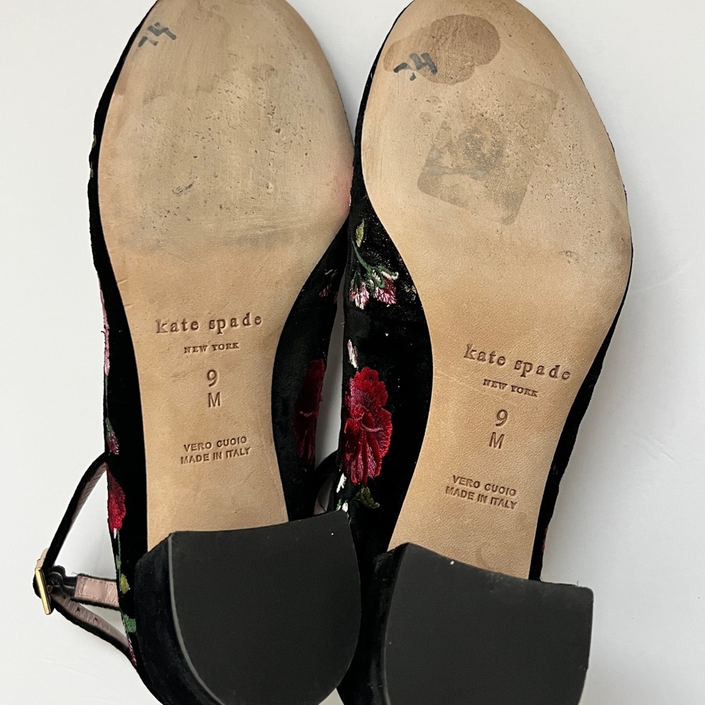 Kate Spade Black Velvet Floral Embroidered Block Heel Ankle-Strap Pumps 9 - Picture 6 of 8